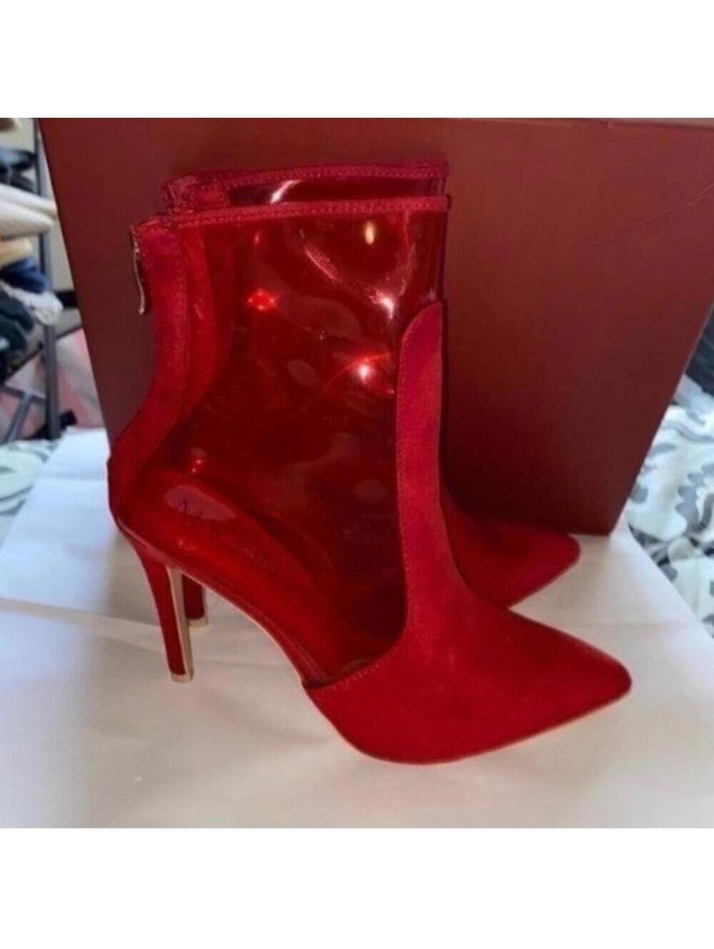 Red ankle vinyl PVC Clear and Suede Stiletto heel boots brat clubbing